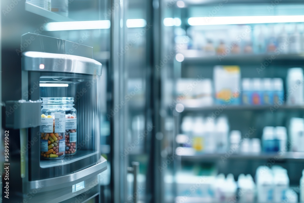 A modern refrigerator with organized supplements and medications for health and wellness management. A modern refrigerator with organized supplements and medications for health and wellness management.