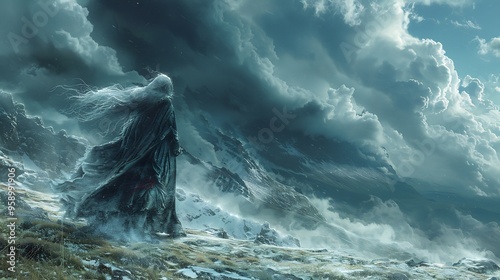 Myth of the Cailleach a winter hag of Celtic mythology stormy skies snowcovered mountains ancient crone wielding power over the seasons
