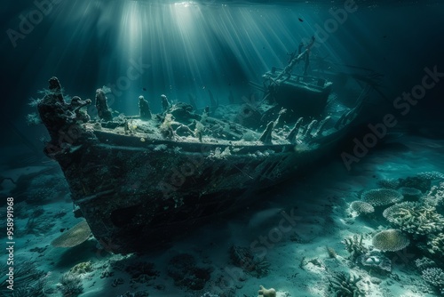 A mysterious, underwater photograph capturing the sunken remains of a shipwreck covered in coral and surrounded by marine life, sunlight filtering through the ocean depths, evoking the haunting beauty