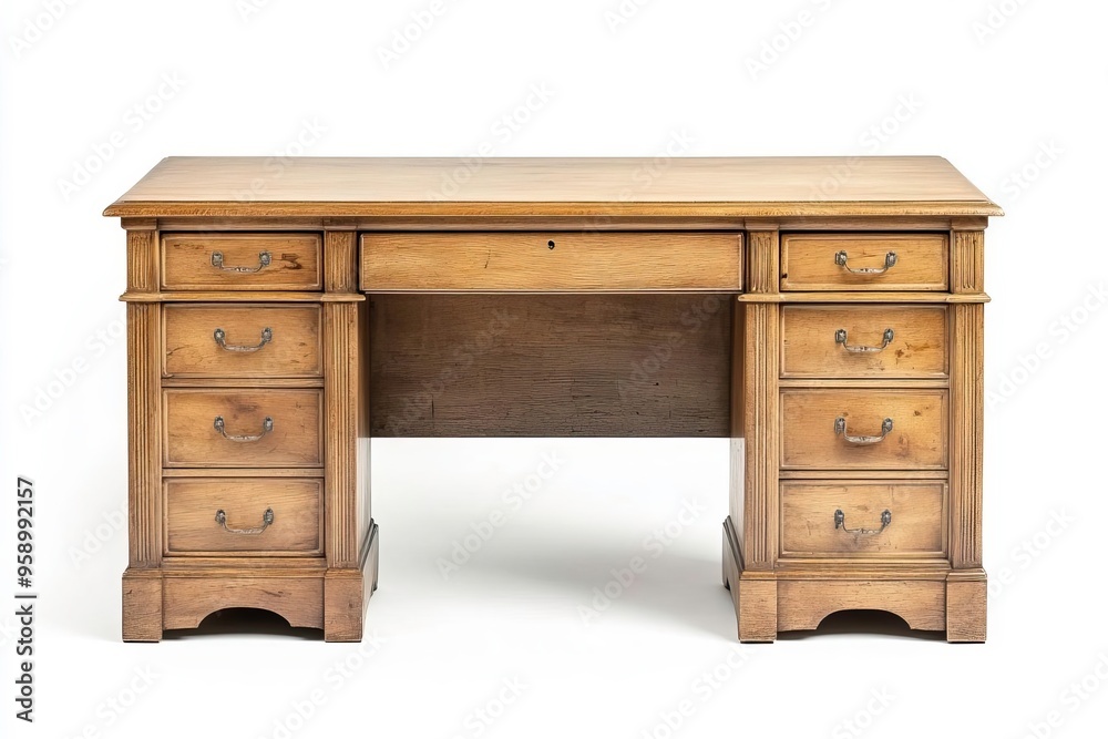 Elegant wooden desk with multiple drawers, perfect for home office or workspace decor, showcasing classic craftsmanship. Elegant wooden desk with multiple drawers, perfect for home office or workspace decor, showcasing classic craftsmanship.