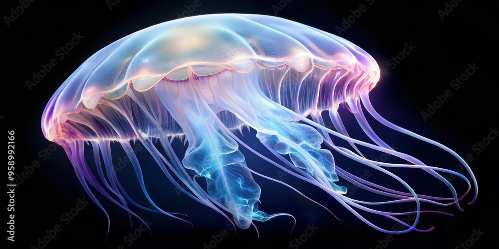 Naklejka premium Ethereal Glow of a Bioluminescent Jellyfish, 3D Render, Deep Sea, Aquatic Life, Bioluminescence, Jellyfish, Ocean