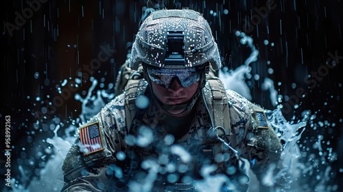 Emerging Warrior, a futuristic US marine corps soldier materializes from a holographic projection, set against a sleek black backdrop, showcasing advanced technology and innovation.