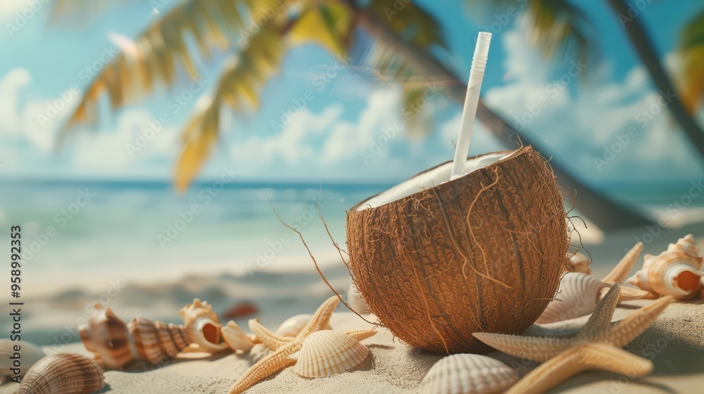 A refreshing coconut drink rests on a sandy beach, surrounded by seashells and bathed in warm sunlight, perfect for relaxation. A refreshing coconut drink rests on a sandy beach, surrounded by seashells and bathed in warm sunlight, perfect for relaxation.