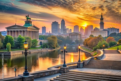 Serene sunset casts a warm glow on the Philadelphia Museum of Art's iconic steps, with the Schuylkill River and misty cityscape unfolding behind. photo