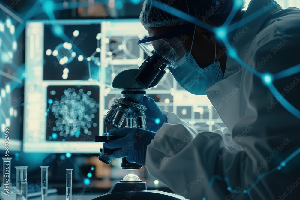 A scientist analyzes samples under a microscope in a high-tech laboratory, showcasing advanced research and innovation. A scientist analyzes samples under a microscope in a high-tech laboratory, showcasing advanced research and innovation.
