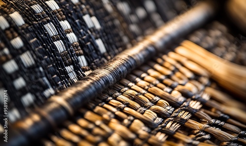 Close-up of a Woven Material with Black and Natural Fibers