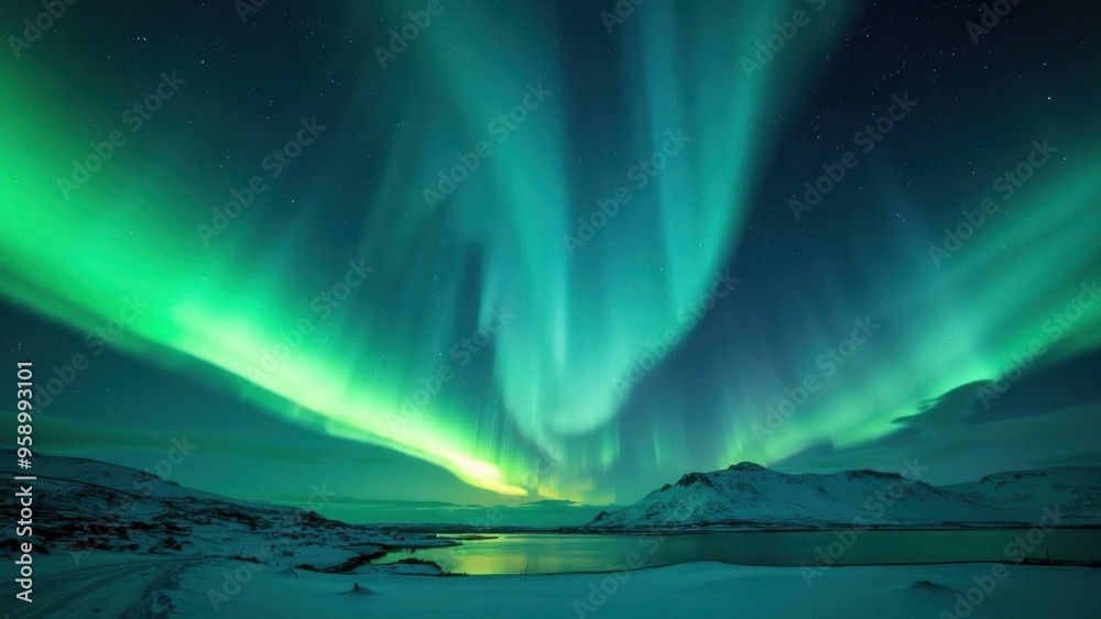Northern Lights Aurora Borealis in Starry Night Sky - Breathtaking Green and Blue Arctic Phenomenon Panorama with Text Space Northern Lights Aurora Borealis in Starry Night Sky - Breathtaking Green and Blue Arctic Phenomenon Panorama with Text Space