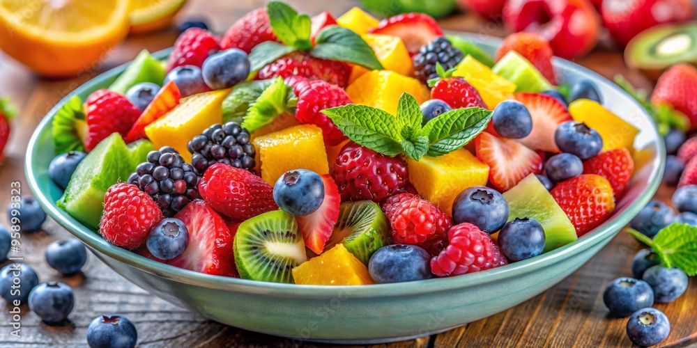 Fresh Fruit Salad in a Blue Bowl, Strawberries, Mango, Kiwi, Berries, Fruit Salad, Healthy Eating