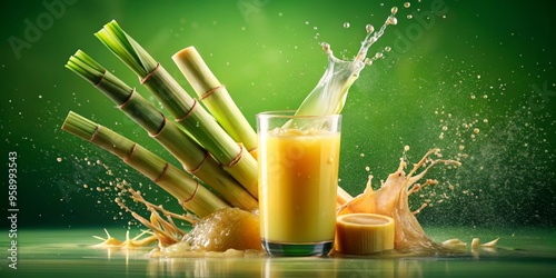 Fresh Sugarcane Juice Splashing, Green Background, Glass, Sugarcane ,juice, splash photo