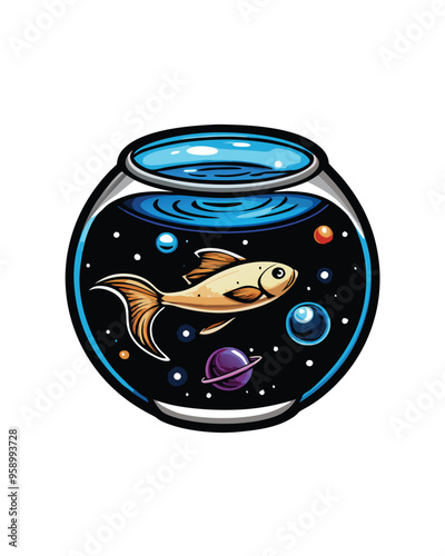 A fishbowl filled with a dark blue galaxy with 5 planets and stars, a single golden fish swimming in the center.