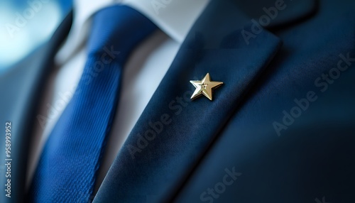 Close-up of a Blue Suit Lapel with a Gold Star Pin