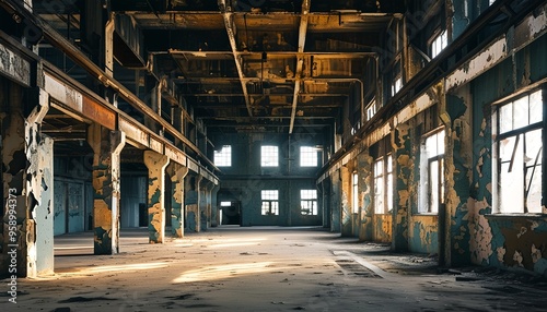 An abandoned industrial building with peeling paint on the walls and dust on the ground. Through the windows, you can see the dilapidated light shining in, full of mystery.