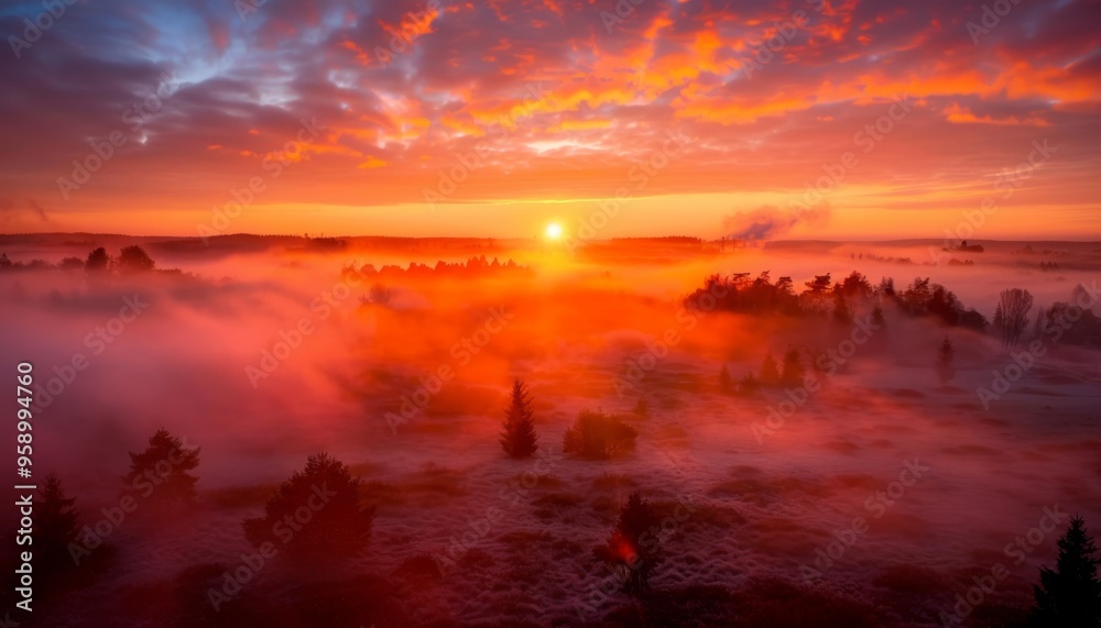 A fiery sunrise casts a warm glow over a misty landscape, creating a breathtaking and ethereal scene. A fiery sunrise casts a warm glow over a misty landscape, creating a breathtaking and ethereal scene.
