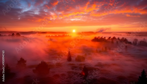 A fiery sunrise casts a warm glow over a misty landscape, creating a breathtaking and ethereal scene.