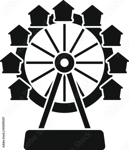 Black and white vector illustration of a ferris wheel with houses instead of passenger cabins, representing the ups and downs of the real estate market