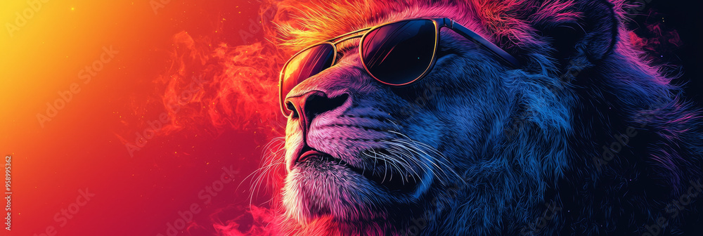 A cool lion wearing sunglasses with a vibrant, colorful background.