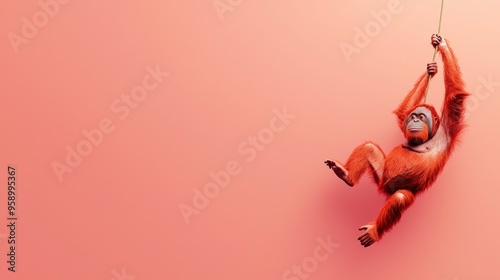 A cartoon orangutan swinging on a rope against a pink background.  The orangutan is red and has a happy expression.  The image is perfect for a fun and lighthearted project. photo