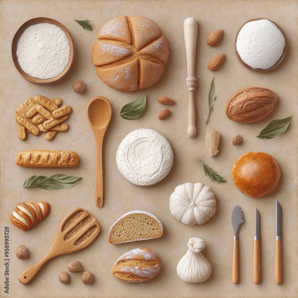 A flat lay of various breads, flour, wooden utensils and nuts on a beige surface.