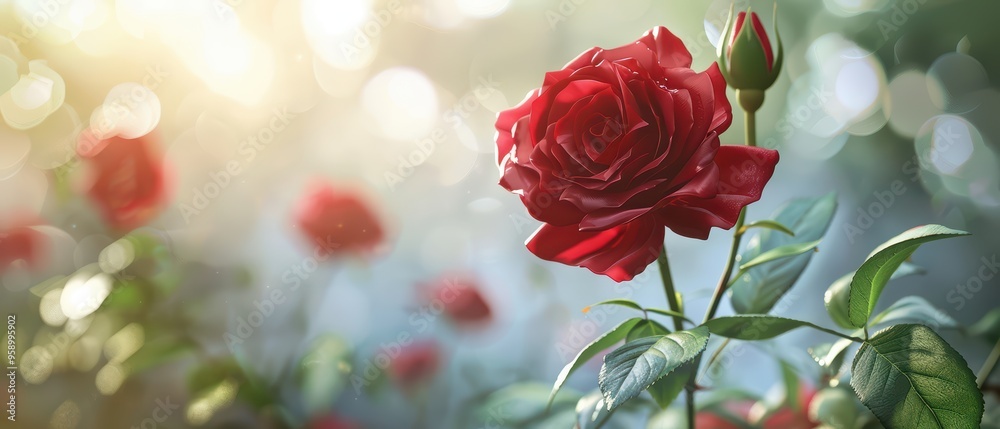 Obraz premium A vibrant red rose in bloom, surrounded by soft light and gentle foliage, symbolizing love and beauty in nature.