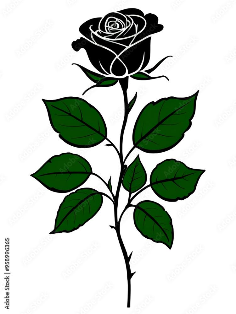 Rose flower. Linear flower with stem and leaves. Black contour of rose. Hand draw Rose flower. Linear flower with stem and leaves. Black contour of rose. Hand draw