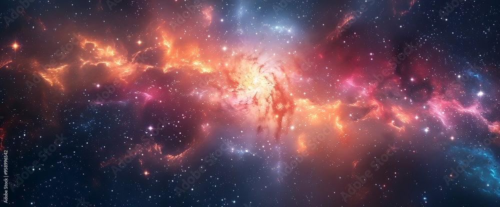 Vibrant nebula with swirling clouds of gas and dust in deep space, illuminated by distant stars. Vibrant nebula with swirling clouds of gas and dust in deep space, illuminated by distant stars.