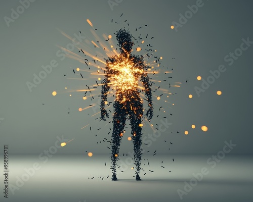 A silhouette of a person with a bright light exploding from their chest. The light is made up of small particles.  The image is set against a gray background.
