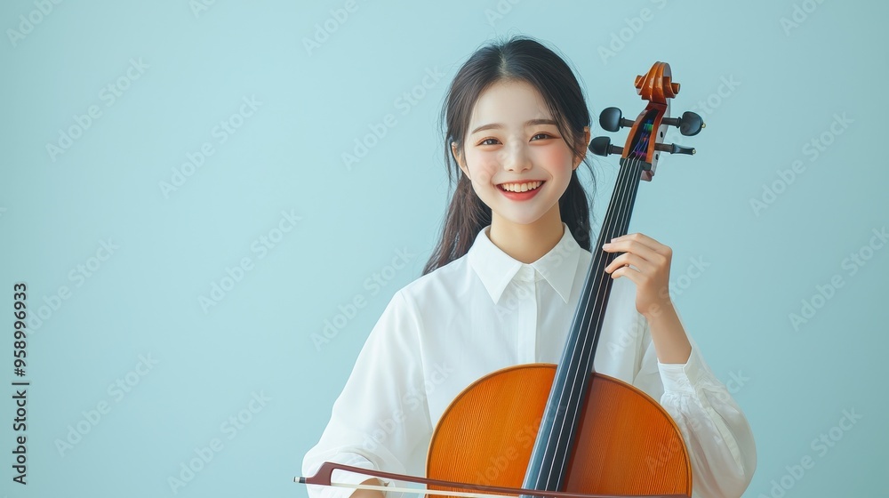 A young woman smiles confidently while holding a cello. She wears a white shirt and has her hair pulled back. The background is a light blue. A young woman smiles confidently while holding a cello. She wears a white shirt and has her hair pulled back. The background is a light blue.