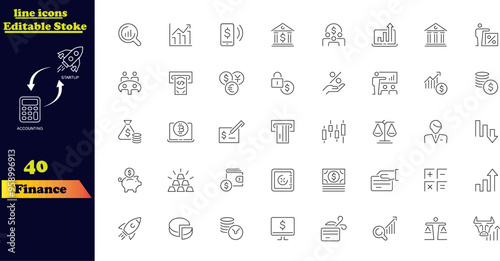 Finance Stroke Outline Icon Set. This collection includes icons for loans, cash, savings, financial goals, profits, budgets, mutual funds, earnings, and revenue. A comprehensive set of stroke icons de
