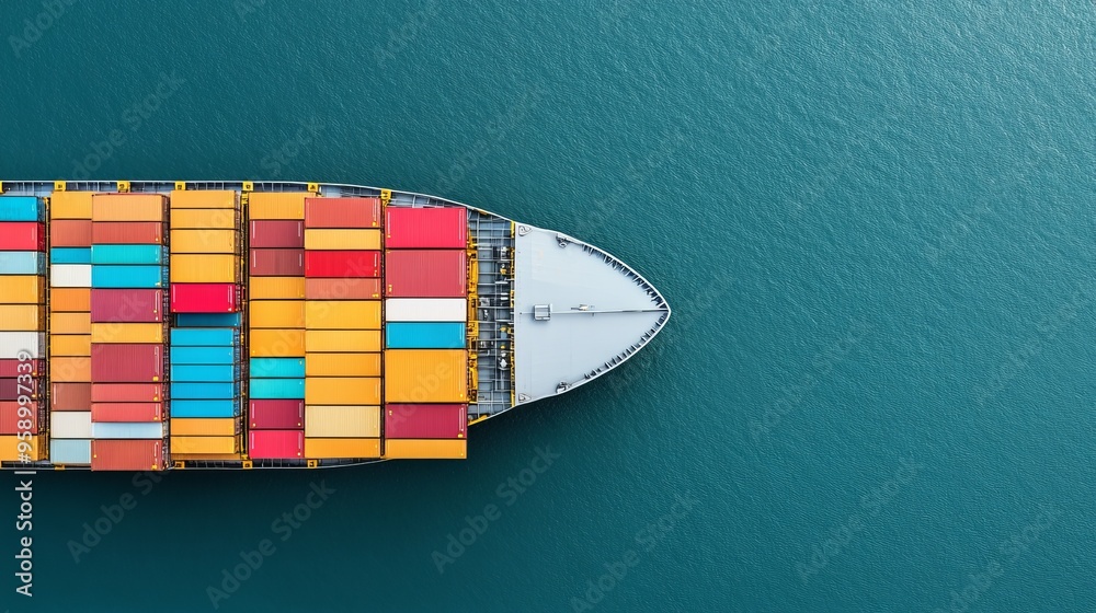 Aerial view of a cargo ship loaded with colorful containers, sailing on calm turquoise waters, symbolizing global trade. Aerial view of a cargo ship loaded with colorful containers, sailing on calm turquoise waters, symbolizing global trade.