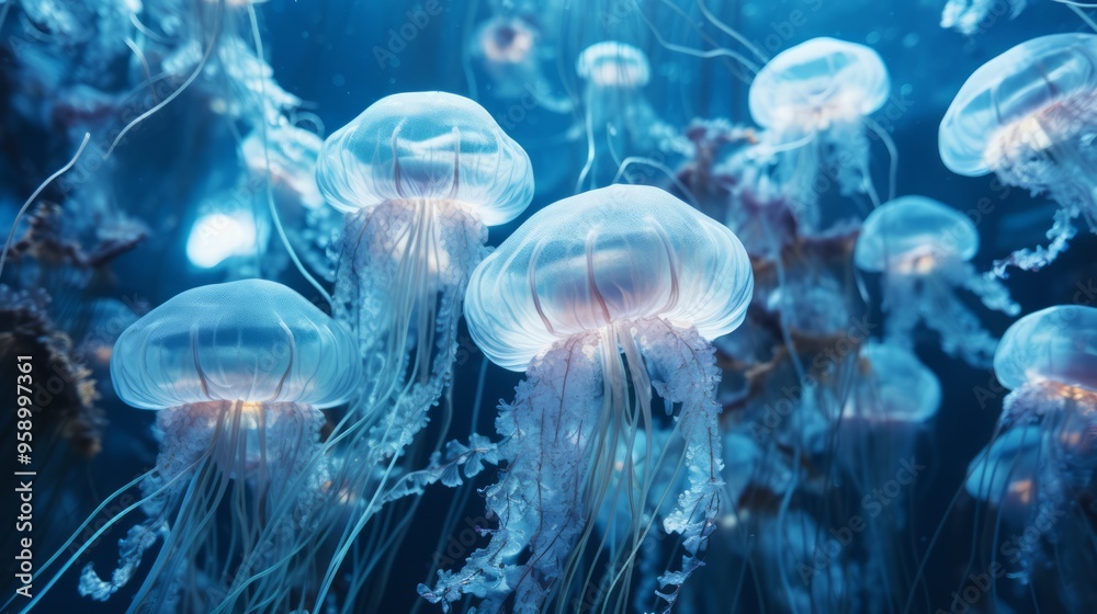 Many light blue jellyfishes in deep dark blue water. Neural network ai generated art Many light blue jellyfishes in deep dark blue water. Neural network ai generated art
