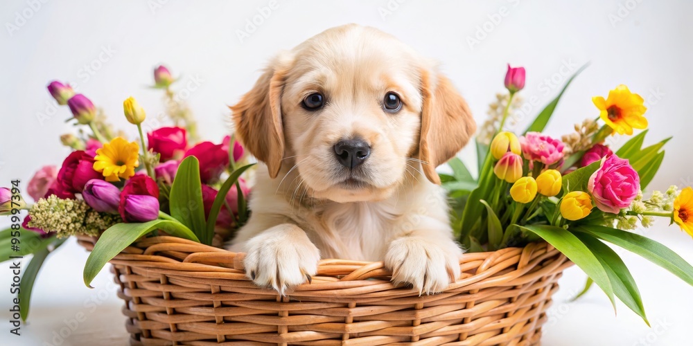 Golden Retriever Puppy in a Basket of Spring Flowers, Puppy, Flowers, Basket Golden Retriever Puppy in a Basket of Spring Flowers, Puppy, Flowers, Basket
