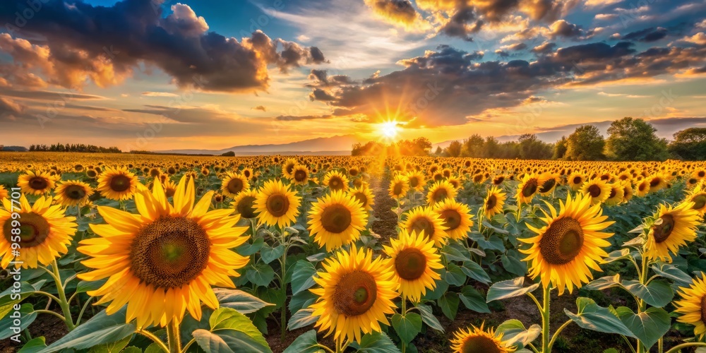 Obraz premium Golden Sunflowers Bloom Under Dramatic Sunset, Nature, Photography, Landscape