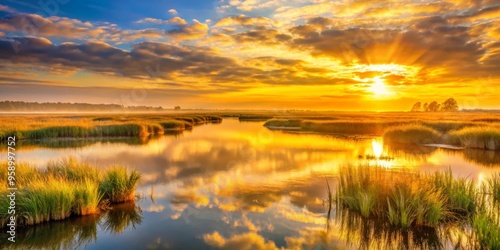 Golden Sunrise Reflecting on Still Waters, landscape, nature, reflection