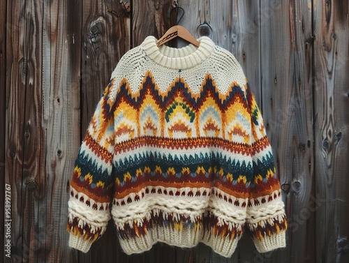 A white knitted sweater with colorful geometric patterns hangs on a wooden hanger against a rustic wood background.