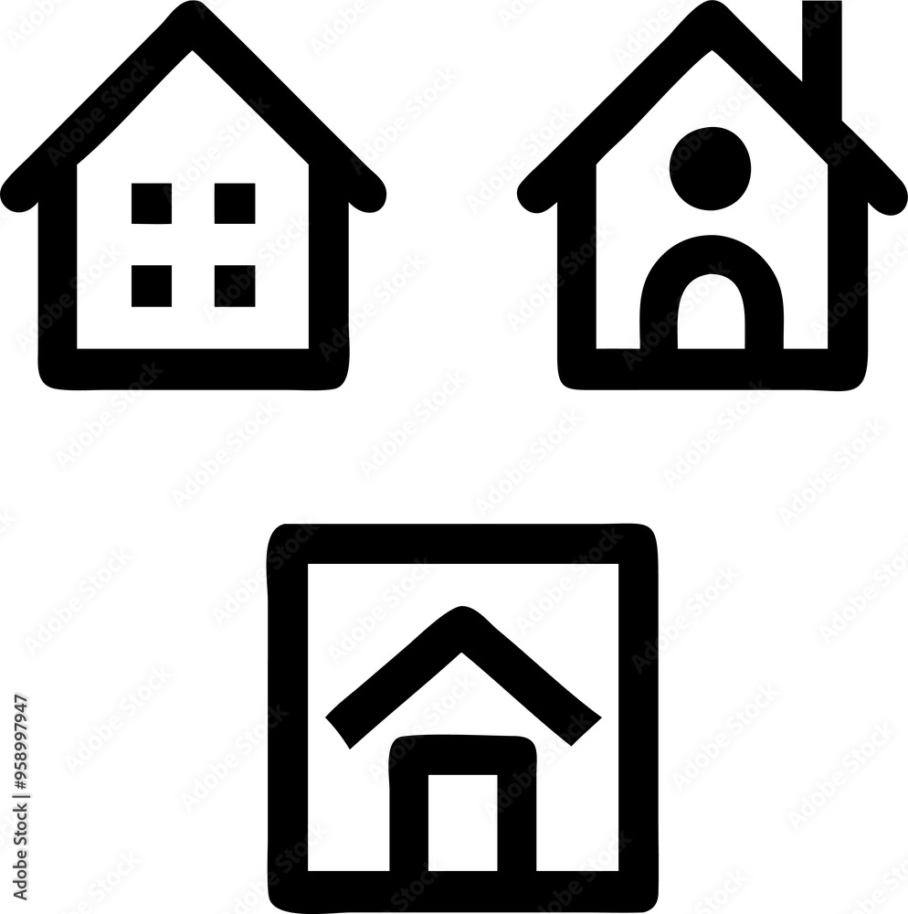 A comprehensive set of home icons designed for digital platforms, offering a range of house shapes from traditional to modern. This collection includes multiple variations, such as simple rooftops, A comprehensive set of home icons designed for digital platforms, offering a range of house shapes from traditional to modern. This collection includes multiple variations, such as simple rooftops,