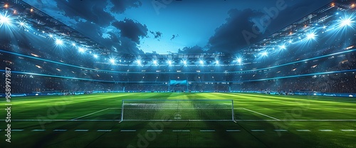 Empty soccer field at night with stadium lights, goal, and fans in the stands.