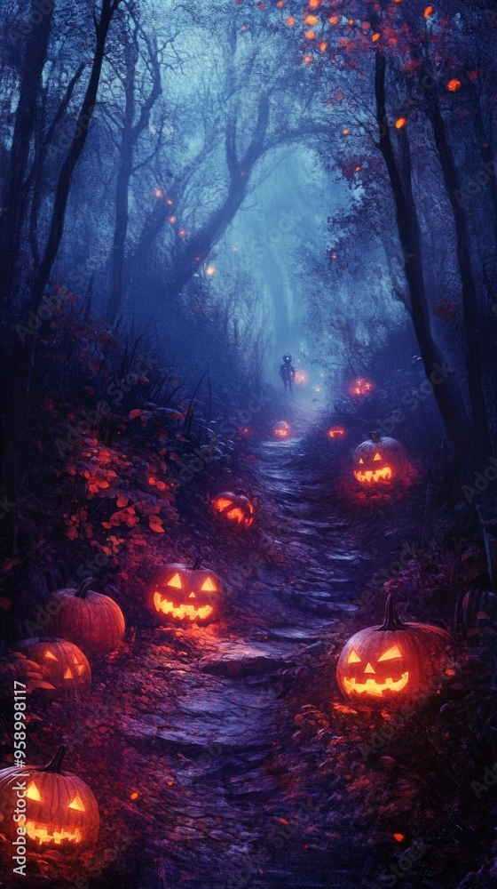 Fototapeta premium Enchanted Forest Trail at Night with Glowing Pumpkins and Ghostly Figures Amidst the Fog