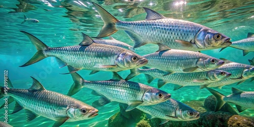 Silvery tarpon fish swim together in crystal-clear turquoise water, their large scales shimmering in sunlight, with a subtle ripple effect in the ocean's surface. photo