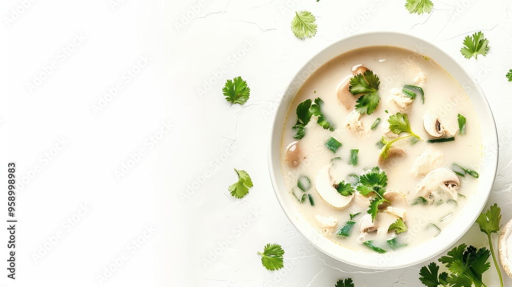 Delicious creamy soup with mushrooms and herbs, garnished with fresh cilantro. Perfect for warm comfort food moments. Delicious creamy soup with mushrooms and herbs, garnished with fresh cilantro. Perfect for warm comfort food moments.
