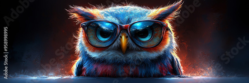 A wise-looking owl with blue eyes and glasses stares intensely at the camera. photo