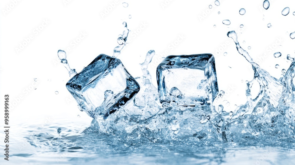 Ice cubes splashing in water, creating dynamic ripples and droplets. Ice cubes splashing in water, creating dynamic ripples and droplets.