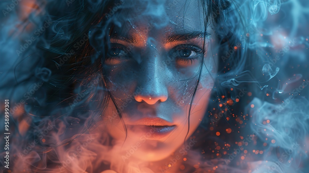 Closeup portrait of a woman's face with smoke and fire surrounding her, looking directly at the viewer. Closeup portrait of a woman's face with smoke and fire surrounding her, looking directly at the viewer.