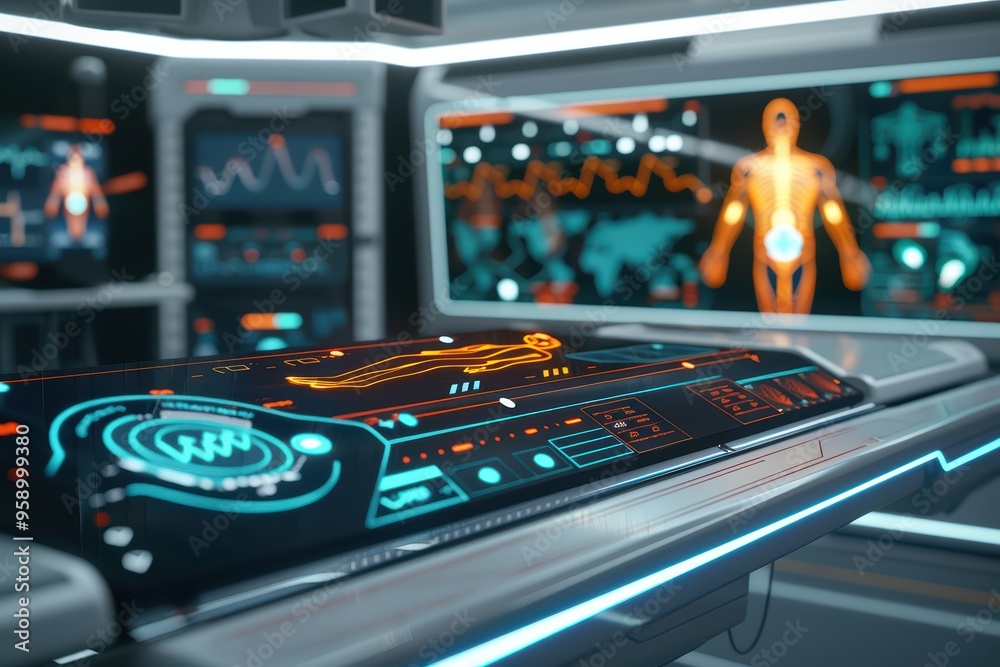 Futuristic control panel with digital displays and holographic interface in a modern sci-fi environment.
