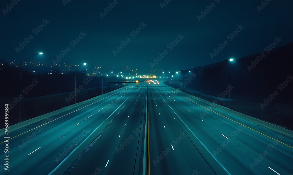 Empty Highway at Night with Streetlights Empty Highway at Night with Streetlights