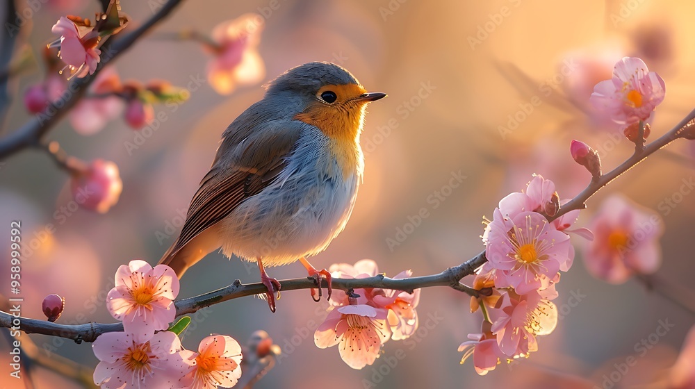 A small robin perches on a branch of a flowering tree, bathed in the warm glow of the setting sun. A small robin perches on a branch of a flowering tree, bathed in the warm glow of the setting sun.