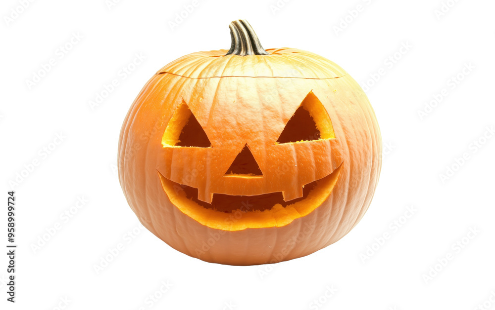 A carved pumpkin with a happy face displayed for Halloween celebrations in autumn A carved pumpkin with a happy face displayed for Halloween celebrations in autumn