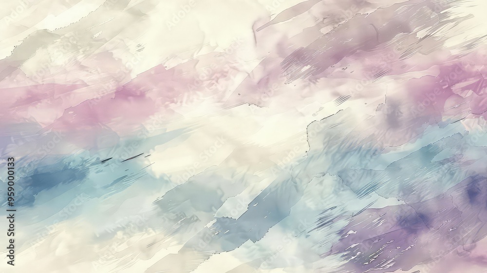 Obraz premium Develop a seamless watercolor background that mimics the gentle blending of early morning sky colors in pastel violet, soft blue, and warm cream. The strokes should merge seamlessly.