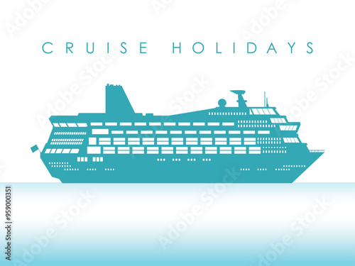 Blue silhouette of a cruise ship on a sea background with text. Vector on white background