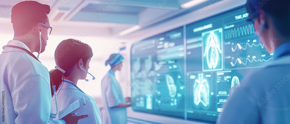 Medical professionals analyze patient data and imaging on a digital screen in a modern healthcare setting. Medical professionals analyze patient data and imaging on a digital screen in a modern healthcare setting.