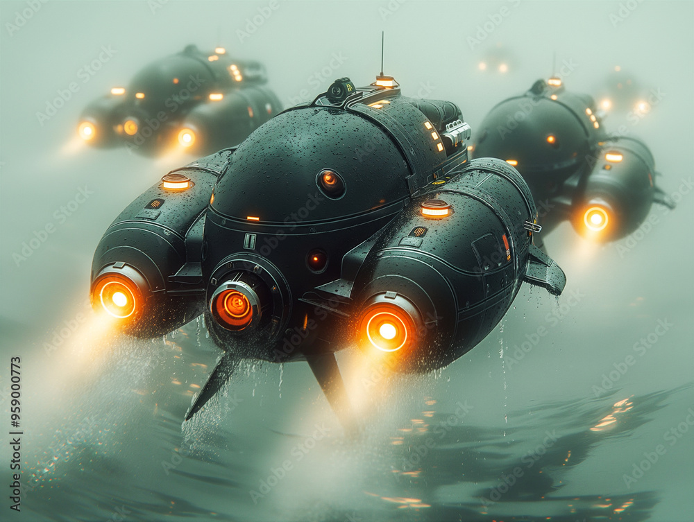 Amphibious Drones Flying Over The Sea Through Mist. Generative AI